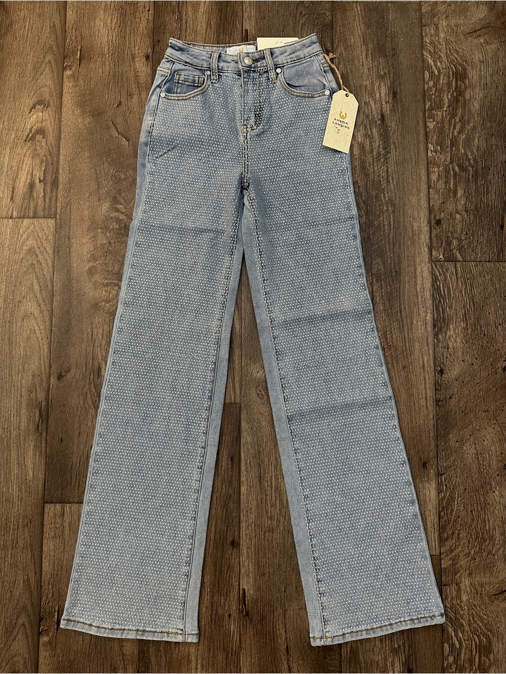 Austin Landing Rhinestone Embellished Front Wide Leg Blue Jeans Size 0 Blue